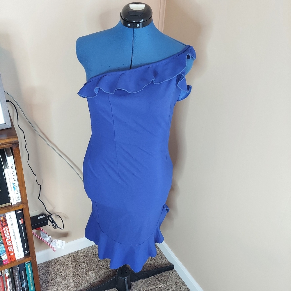 Theenkoln NWOT Large Blue One Shoulder Ruffle Dress